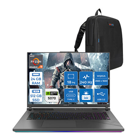 Asus Rog Strix G18 G814PP Amd Ryzen 9 8940HX Aı 24GB 512GB SSD 8GB/RTX5070 Gddr7 115W 18"2.5k (2560 x 1600, Wqxga) 240Hz 3ms  Freedos Taşınabilir Bilgisayar WS9046F01+ZETTAÇANTA