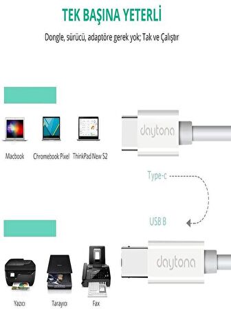 Daytona TB1-2 Type-C To USB B Telefon Bilgisayar Tablet Için Mıdı Org Elektrikli Piyano Yazıcı Konnektörü Çevirici Kablo(1metre)