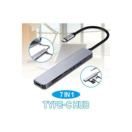 Daytona CF08 Macbook Uyumlu Type-C To 4K 1080P Ultra Hd HDMI Type-C Pd Şarj 2* USB 3.0 Sd Tf Kart Okuyucu Kablolu 7ın1 Çevirici Hub Adaptör
