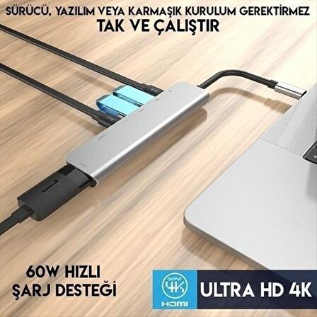 Daytona CF08 Macbook Uyumlu Type-C To 4K 1080P Ultra Hd HDMI Type-C Pd Şarj 2* USB 3.0 Sd Tf Kart Okuyucu Kablolu 7ın1 Çevirici Hub Adaptör