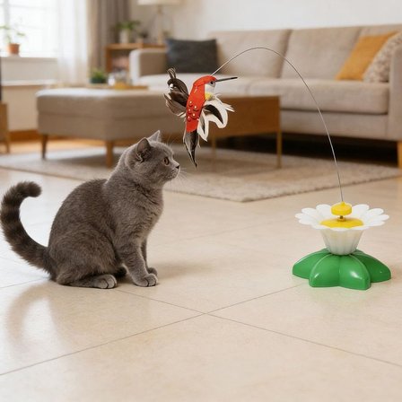 Hareketli Dönen Kuş Kedi Oyuncağı (Pille Çalışır)