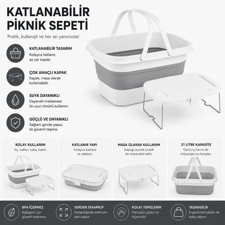 Katlanabilir Piknik Sepeti ve Mini Masa Seti 21 Litre Kapasiteli Ergonomik Taşıma Kulplu Katlanır Piknik Çantası Kamp Sepeti Çok Amaçlı Saklama Sepeti Taşınabilir Masa Piknik Organizeri