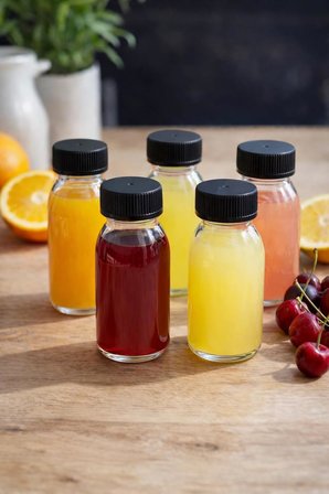 5 Adet 60 ml Kilitli Siyah Kapaklı Şeffaf Detox Shot Şişesi 60 Cc Ginger Şat Beyaz Cam Şişe