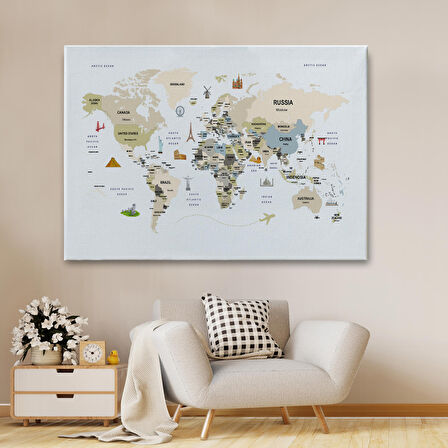 Harita Sepeti Dünya Haritası Dekoratif Kanvas Tablo Ülke ve Başkentli Öğretici ve Sembollü 2301