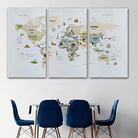 Harita Sepeti Dünya Haritası Dekoratif Kanvas Tablo Ülke ve Başkentli Öğretici ve Sembollü 2301