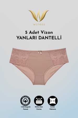 YANLARI DANTELLİ PAMUKLU KADIN BATO KÜLOT, 5'Lİ PAKET PAMUKLU YUMUŞAK KUMAŞ DANTELLİ KÜLOT