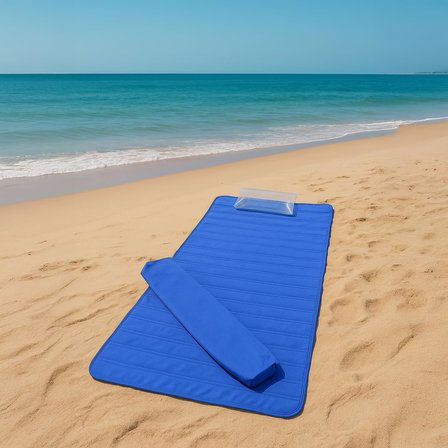 Katlanabilir Elyaflı Plaj Hasırı ve Şezlong Matı - 150x75 cm Askılı Taşıma Kılıflı Kamp ve Piknik Örtüsü (Şişme Yastık Hediyeli)