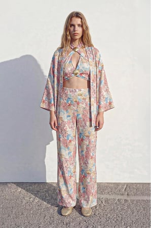 Çiçek Desenli Kısa Kimono Pembe