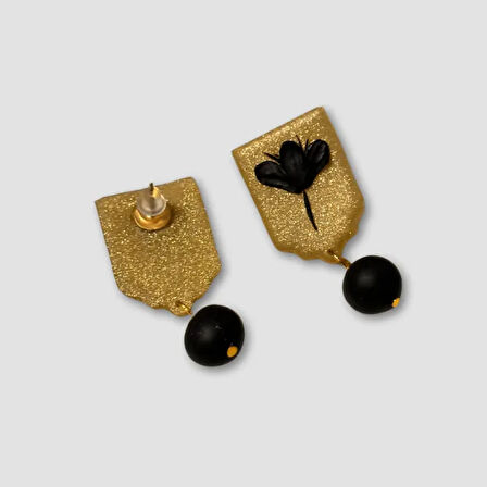 Uretti - Sezen 3274 - El İşi Polimer Kil Küpe  Gece Çiçeği Desenli 4cm - Siyah