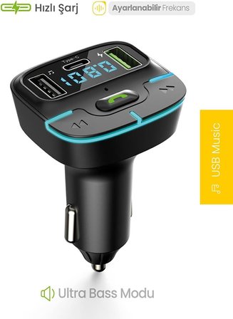 PDAteknoloj F9 Araç Fm Transmitter 5.3 Bluetooth Araç Kiti Usb Type-C Hızlı Şarj Çıkışlı Çakmaklık Girişli (F9)