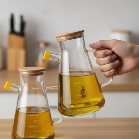 2'li Büyük Boy Şeffaf Cam Yağdanlık Seti - Bambu Kapaklı ve Standlı Elmas Desenli Yağlık Sirkelik (2 x 900 ml)