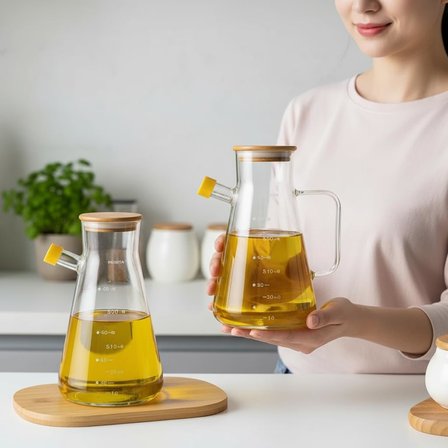 2'li Büyük Boy Şeffaf Cam Yağdanlık Seti - Bambu Kapaklı ve Standlı Elmas Desenli Yağlık Sirkelik (2 x 900 ml)