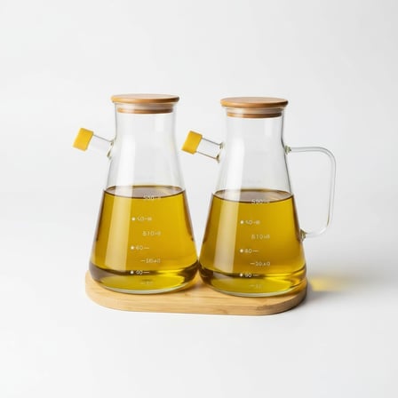 2'li Büyük Boy Şeffaf Cam Yağdanlık Seti - Bambu Kapaklı ve Standlı Elmas Desenli Yağlık Sirkelik (2 x 900 ml)
