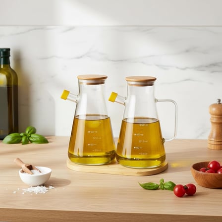 2'li Büyük Boy Şeffaf Cam Yağdanlık Seti - Bambu Kapaklı ve Standlı Elmas Desenli Yağlık Sirkelik (2 x 900 ml)