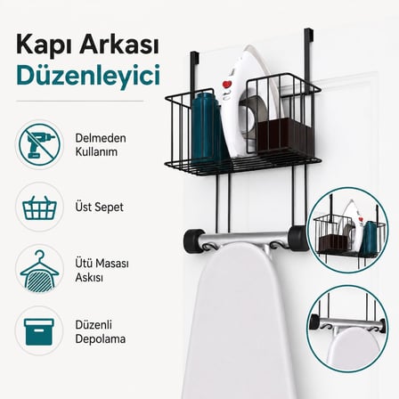 Kapı Arkası Ütü Masası Askılığı Siyah, Sepetli Kapı Arkası Düzenleyici, Delmeden Kullanımlı Ütü ve Ütü Masası Tutucu