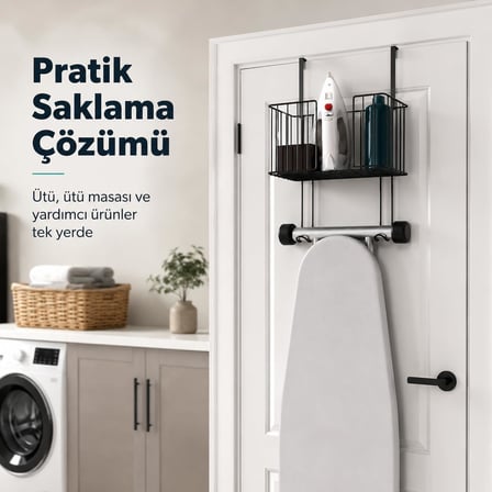Kapı Arkası Ütü Masası Askılığı Siyah, Sepetli Kapı Arkası Düzenleyici, Delmeden Kullanımlı Ütü ve Ütü Masası Tutucu