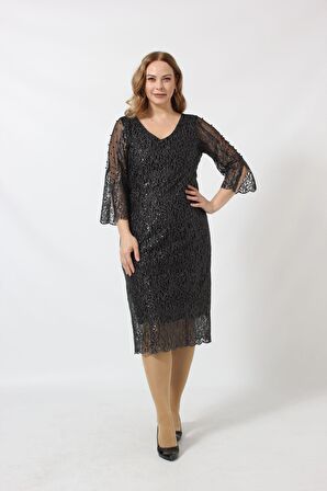 Payet İşlemeli Kolu İncili Büyük Beden Abiye