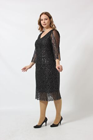 Payet İşlemeli Kolu İncili Büyük Beden Abiye