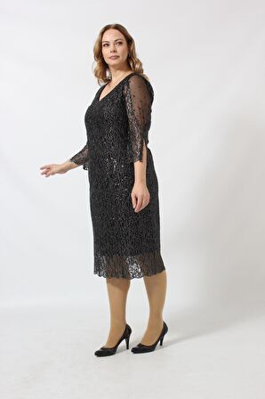 Payet İşlemeli Kolu İncili Büyük Beden Abiye