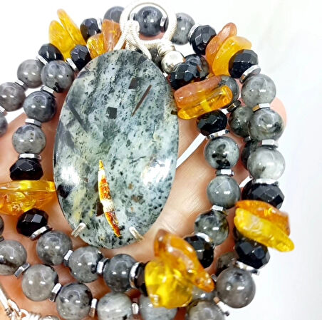 2302 Astrophyllite Spektrolit Oniks el yapımı kolye