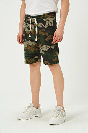 Erkek Regular Fit Kamuflaj Desenli 3 İplik Şort Kahverengi