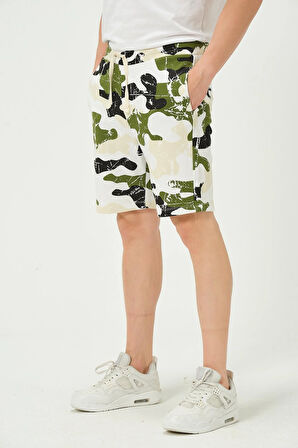 Erkek Regular Fit Kamuflaj Desenli 3 İplik Şort Yeşil