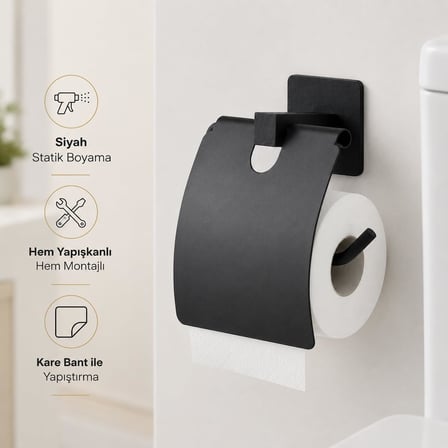 Kare Kapaklı Tuvalet Kağıtlığı Siyah, Yapışkanlı ve Vidalı Montajlı Metal WC Kağıtlık, Modern Banyo Tuvalet Kağıdı Askısı