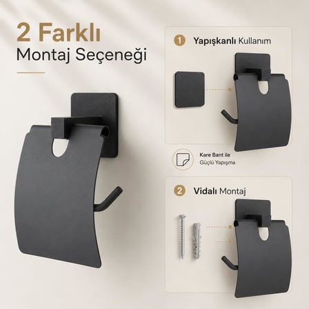 Kare Kapaklı Tuvalet Kağıtlığı Siyah, Yapışkanlı ve Vidalı Montajlı Metal WC Kağıtlık, Modern Banyo Tuvalet Kağıdı Askısı