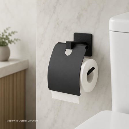 Kare Kapaklı Tuvalet Kağıtlığı Siyah, Yapışkanlı ve Vidalı Montajlı Metal WC Kağıtlık, Modern Banyo Tuvalet Kağıdı Askısı