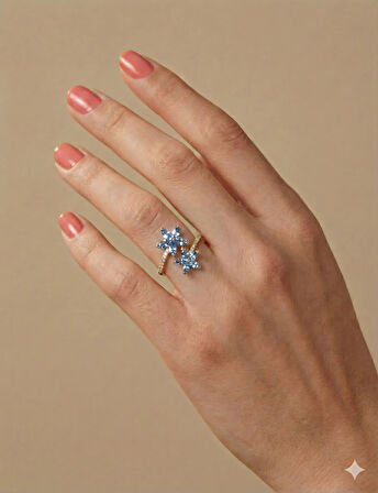 Mikro Taşlı Mavi Kardelen Çiçeği Gümüş Yüzük - Rose