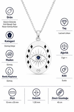 Gözüm Üstünde Gizli Mesajlı Taşlı Nazar Gümüş Kolye - Gümüş