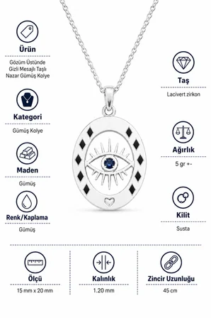 Gözüm Üstünde Gizli Mesajlı Taşlı Nazar Gümüş Kolye - Gümüş
