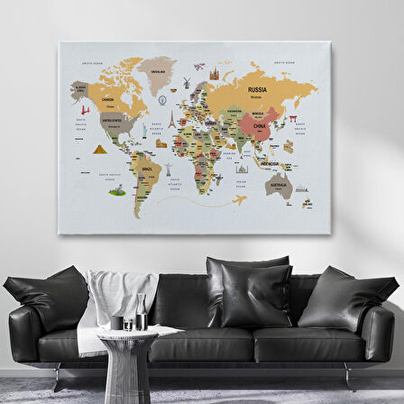 Harita Sepeti Dünya Haritası Dekoratif Kanvas Tablo Ülke ve Başkentli Öğretici ve Sembollü 2303