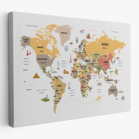 Harita Sepeti Dünya Haritası Dekoratif Kanvas Tablo Ülke ve Başkentli Öğretici ve Sembollü 2303