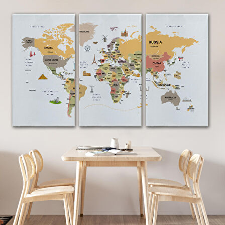 Harita Sepeti Dünya Haritası Dekoratif Kanvas Tablo Ülke ve Başkentli Öğretici ve Sembollü 2303