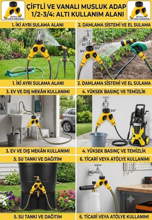Çift Çıkışlı Vanalı Musluk Adaptörü 1/2" - 3/4" | Bahçe Hortumu Y Bağlantı Aparatı | Bağımsız Su Kontrolü