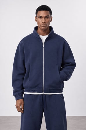 Erkek Crop Fit Panda Oversize Zip Lacivert