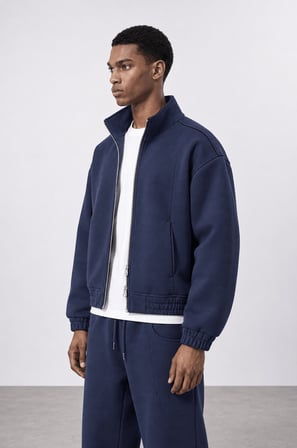Erkek Crop Fit Panda Oversize Zip Lacivert