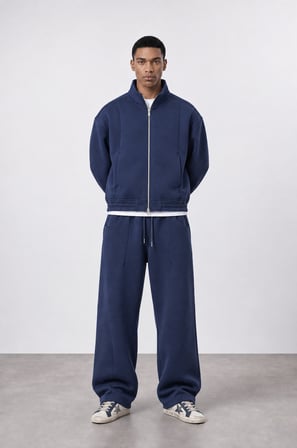 Erkek Crop Fit Panda Oversize Zip Lacivert