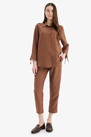 Jogger Pantolon Keten Görünümlü Cepli Yüksek Bel Düz Paça