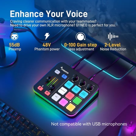 MAONO Oyun Ses Mikseri, Pro-preamp ile Ses Arayüzü, RGB, Bluetooth, Canlı Yayın için 48V Phantom Power, Podcasting, İçerik Oluşturma, Oyun MaonoCaster G1 NEO (SİYAH)