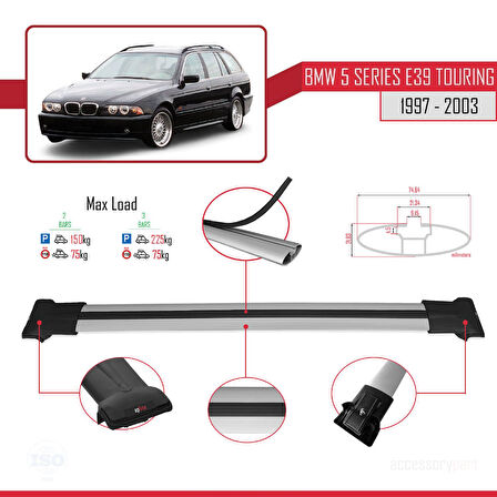 BMW 5 Serisi (E39) Touring 1997-2003 Arası ile Uyumlu FLY Model Ara Atkı Tavan Barı Gri 2 Adet