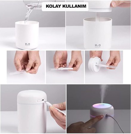 300 ml Mini USB Hava Nemlendirici ve Buhar Makinesi - LED Işıklı Taşınabilir Koku Giderici Masaüstü Difüzör, Ev, Ofis ve Araç İçi Nemlendirici