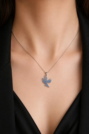 925 Ayar Gümüş Mavi Taşlı Güvercin Kolye - N056401
