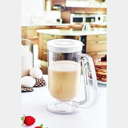 Hamur Porsiyonlayıcı 900ml, Pankek ve Kek Hamuru Dağıtıcı, Damlatmaz Mekanizma, Ölçekli Şeffaf Gövde, Bulaşık Makinesinde Yıkanabilir