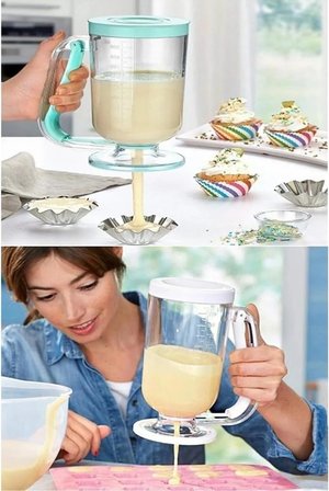Hamur Porsiyonlayıcı 900ml, Pankek ve Kek Hamuru Dağıtıcı, Damlatmaz Mekanizma, Ölçekli Şeffaf Gövde, Bulaşık Makinesinde Yıkanabilir