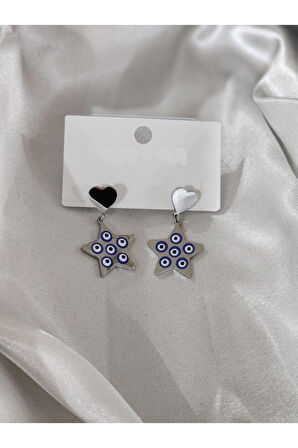 Gümüş Renk Nazar boncuklu Yıldız ve kalpli Çelik Küpe