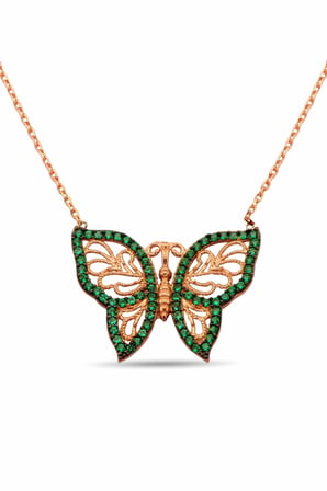 925 Ayar Gümüş Rose Yeşil Zirkon Taşlı Kelebek Kolye - N067101