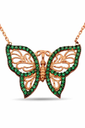 925 Ayar Gümüş Rose Yeşil Zirkon Taşlı Kelebek Kolye - N067101