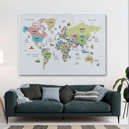 Harita Sepeti Türkçe Dünya Haritası Kanvas Tablo Ülke-Başkentli Öğretici ve Sembollü 2306